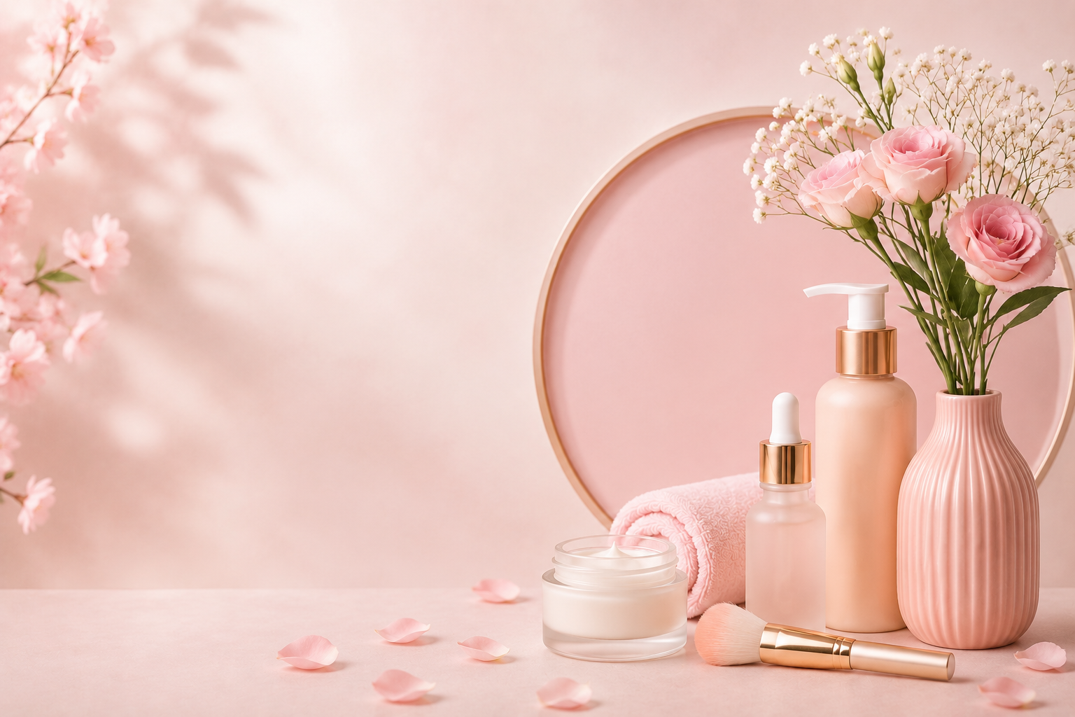 Beauty Essentials: Skincare and self care products with flowers and beauty essentials